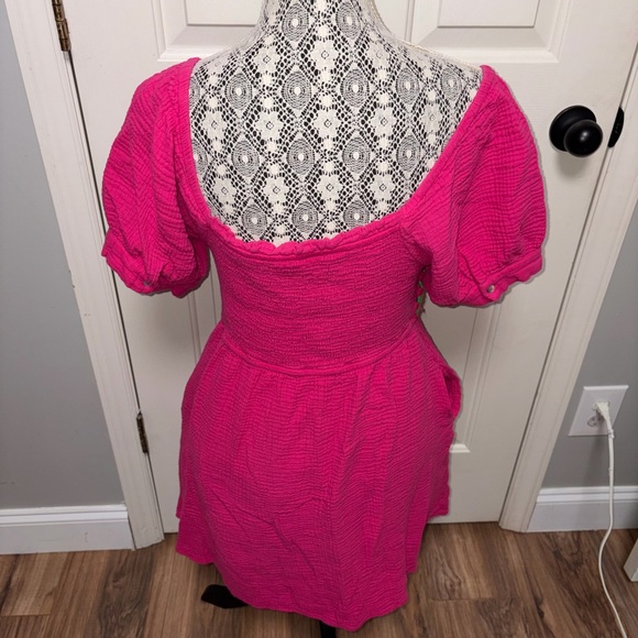 Jodifl pink crochet mini square gauze smocked‎ bodice mini dress puff sleeve L - Picture 3 of 4